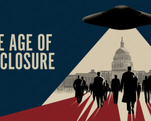 Bold poster-style illustration: a UFO beams light onto the U.S. Capitol as silhouettes of people walk toward it, with the text “The Age of Disclosure” on a dark blue background.
