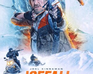 Movie poster for Icefall: a bearded man in winter gear aims a device in a frozen, icy landscape with snowmobiles in the foreground.