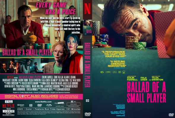 Front cover of Ballad of a Small Player DVD: Colin Farrell at a poker table with chips, pink title text, and neon accents; dramatic promotional art.