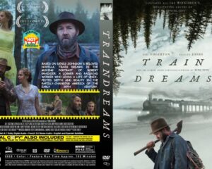 Dual-panel DVD cover for Train Dreams; front shows a bearded man with a hat by a misty river, back features group of people in a forest setting with awards logos.