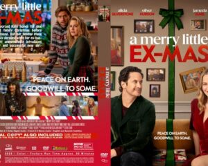 Front and back of the 'A Merry Little Ex-MAS' DVD cover showing festive decor, two leads, and a collage of scenes with the tagline 'Peace on Earth, goodwill to some.'