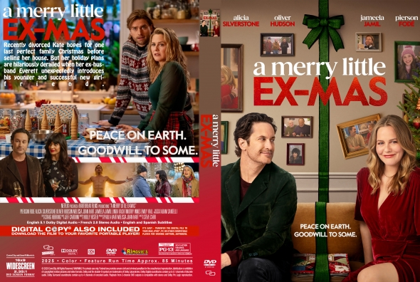 Front and back of the 'A Merry Little Ex-MAS' DVD cover showing festive decor, two leads, and a collage of scenes with the tagline 'Peace on Earth, goodwill to some.'