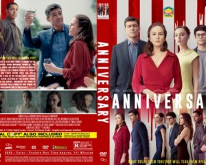 Front and back DVD cover for the film 'Anniversary': red-white stripes, ensemble cast in formal wear, with synopsis text on the back.