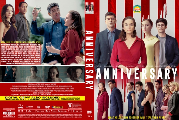 Front and back DVD cover for the film 'Anniversary': red-white stripes, ensemble cast in formal wear, with synopsis text on the back.