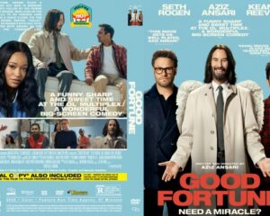 Front cover: Light blue poster for a comedy with a group of four men in stylish outfits and a large red title 'GOOD FORTUNE' — 'NEED A MIRACLE?' subtitle at bottom.