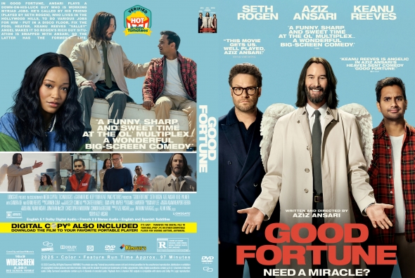 Front cover: Light blue poster for a comedy with a group of four men in stylish outfits and a large red title 'GOOD FORTUNE' — 'NEED A MIRACLE?' subtitle at bottom.