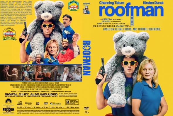 Movie poster for 'Roofman' featuring Channing Tatum in sunglasses with a large teddy bear on his shoulders, beside Kirsten Dunst, against a bright yellow background.