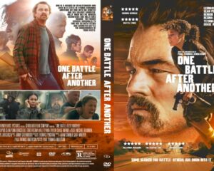 One Battle After Another movie poster with a rugged man in a plaid shirt and desert battle scenes in the background.