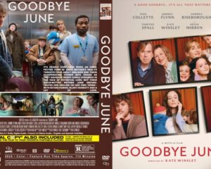 Front and back DVD cover for the Netflix film Goodbye June, showing a group of characters on the back and a collage of portrait photos on the front with the title along the spine.