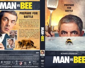 DVD cover for Man vs Bee: Rowan Atkinson faces a bee with a bold MAN vs BEE title and collage elements on the left, a bee and pool scene on the right, and a spatula imagery above water.