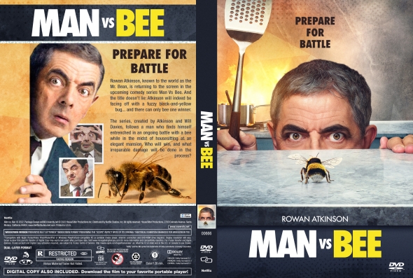 DVD cover for Man vs Bee: Rowan Atkinson faces a bee with a bold MAN vs BEE title and collage elements on the left, a bee and pool scene on the right, and a spatula imagery above water.