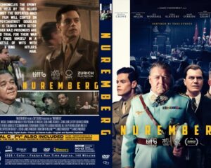 DVD cover for the film Nuremberg; dual-panel design with a man in a brown coat on the left and a group of men in suits on the right, bold NUREMBERG title across panels, plus film festival logos and cast text on the spine/back.