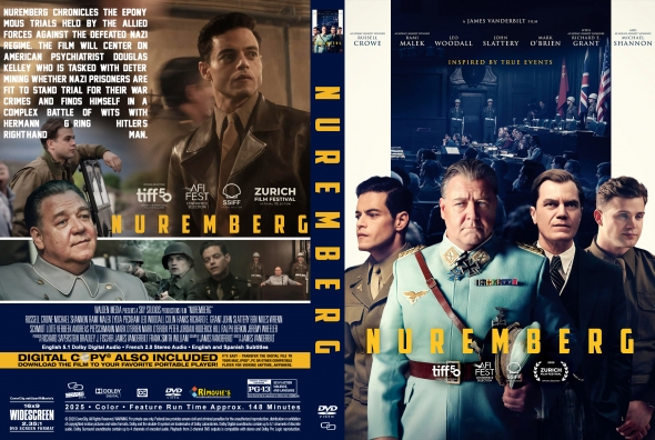 DVD cover for the film Nuremberg; dual-panel design with a man in a brown coat on the left and a group of men in suits on the right, bold NUREMBERG title across panels, plus film festival logos and cast text on the spine/back.