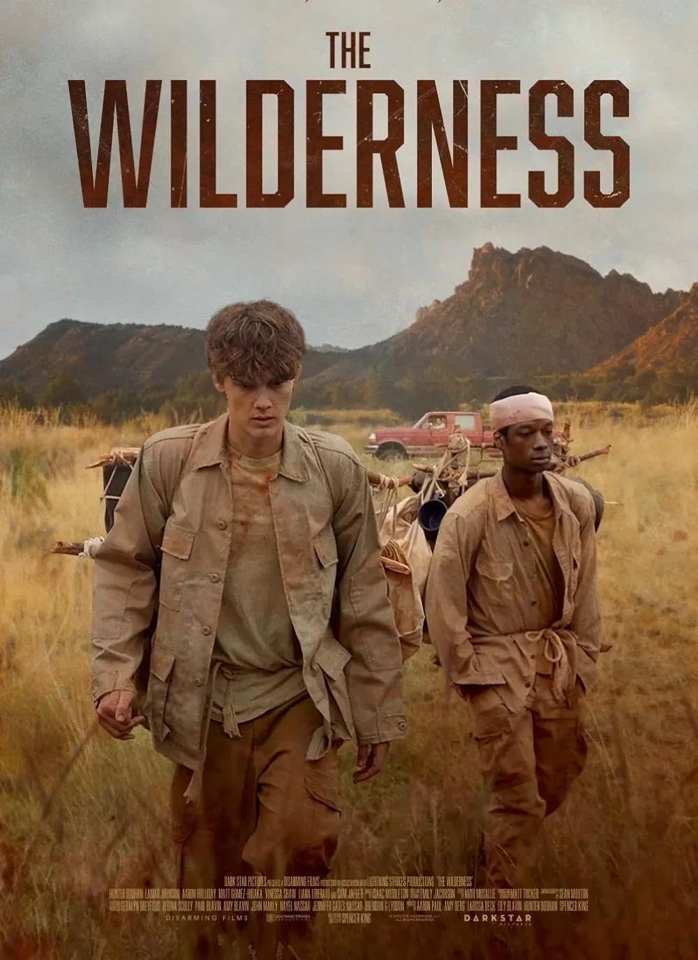 Movie poster for The Wilderness showing two men in tan clothing walking through tall grass with mountains in the distance; dusty adventure vibe.