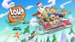 Poster for A Loud House Christmas Movie: Naughty or Nice; Santa and a crowd ride a red sleigh through a blue sky with snowy trees in the background.