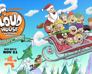 Poster for A Loud House Christmas Movie: Naughty or Nice; Santa and a crowd ride a red sleigh through a blue sky with snowy trees in the background.