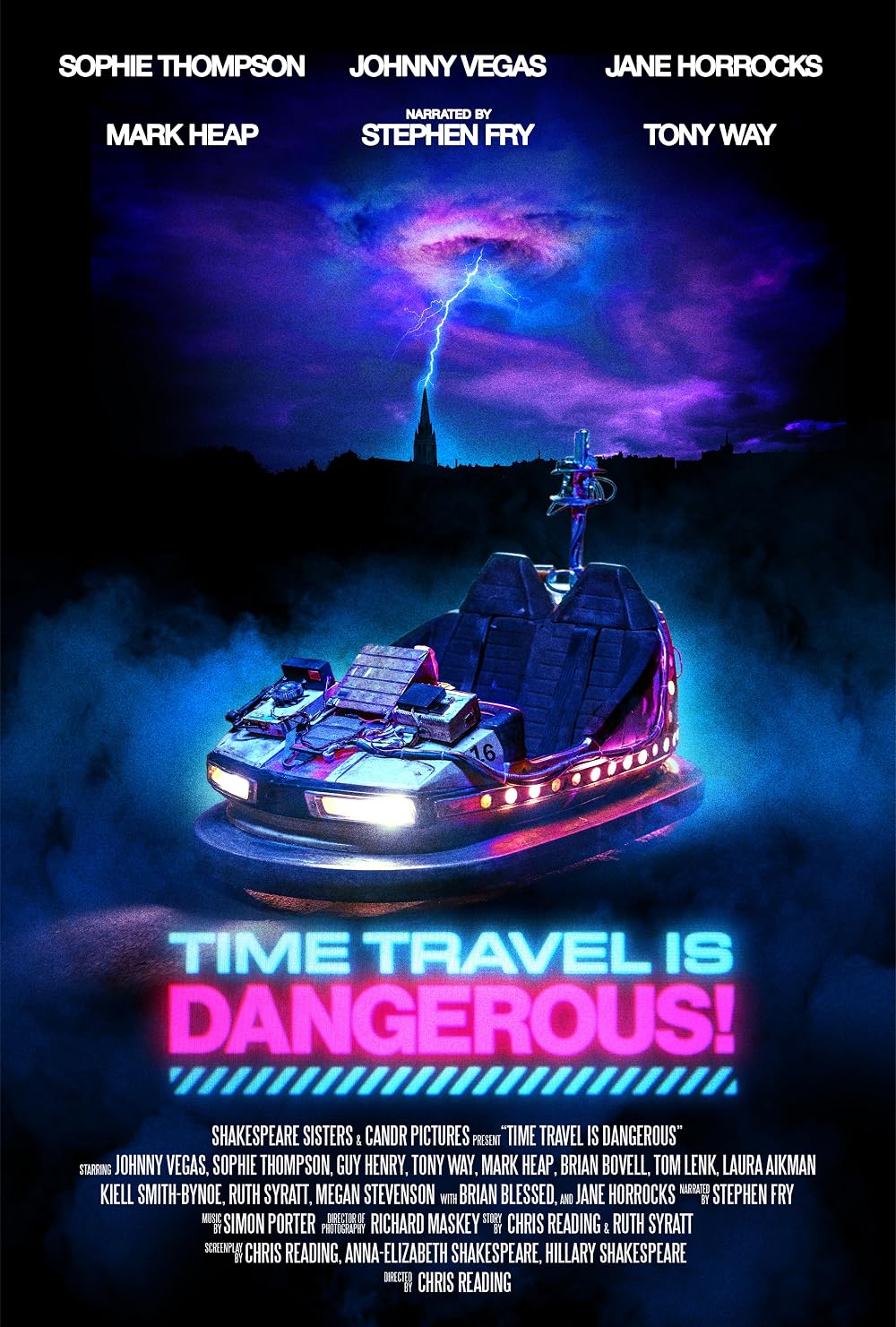 Poster for 'Time Travel Is Dangerous!' with a neon bumper car on fog, a dramatic lightning-lit sky, and bold neon title.