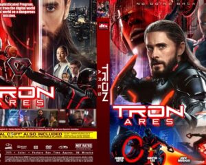 Cover art for Tron Ares: Neon-lit sci‑fi action with armored characters and a motorcycle motif on the front; cast listed at bottom.