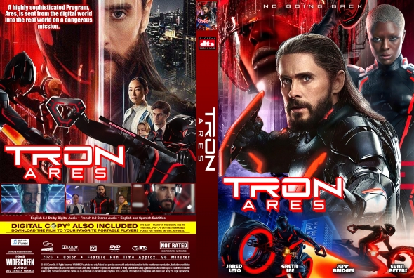 Cover art for Tron Ares: Neon-lit sci‑fi action with armored characters and a motorcycle motif on the front; cast listed at bottom.