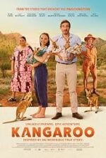 Movie poster for Kangaroo: five people with two dogs posing in a sunny desert, bold orange title at bottom.