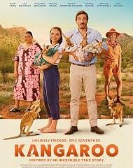 Movie poster for Kangaroo: five people with two dogs posing in a sunny desert, bold orange title at bottom.