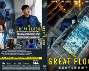 Movie DVD cover for The Great Flood featuring a man in a blue jacket and a woman, plus flood imagery and city lights; tagline reads 'What hope is there left?'