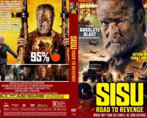 Movie poster for Sisu: Road to Revenge, featuring an intense close-up of a rugged man with a beard and a gun, with bold yellow title against a fiery backdrop.