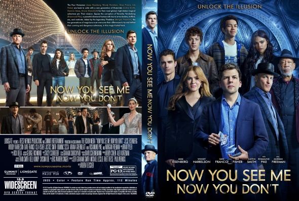 DVD cover for 'Now You See Me Now You Don’t' featuring an ensemble of magicians against a blue, ornate background with the title at the bottom and the tagline 'Unlock the Illusion' across the top left.