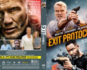 DVD cover for Exit Protocol: two men armed with pistols, dramatic explosions, and the bold orange title 'EXIT PROTOCOL' across the front.
