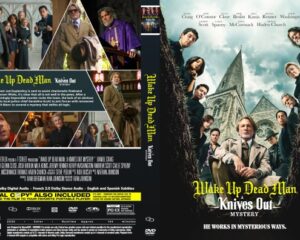 DVD cover for Wake Up Dead Man: Knives Out Mystery with a collage of characters around a church steeple and the film title.