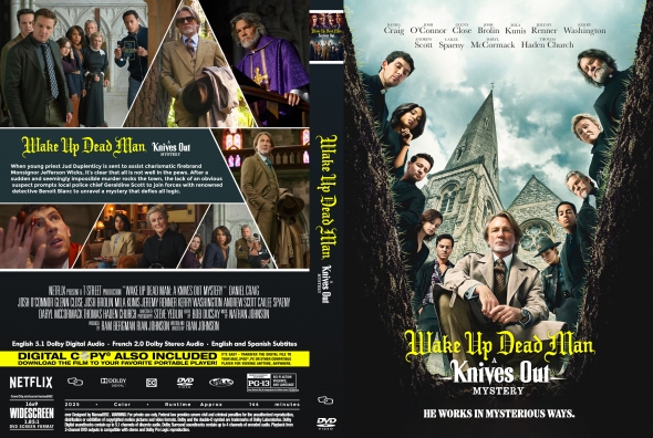 DVD cover for Wake Up Dead Man: Knives Out Mystery with a collage of characters around a church steeple and the film title.