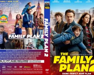 Movie cover for The Family Plan 2 featuring a group of characters posing with bold yellow title text, suggesting a family-action comedy.