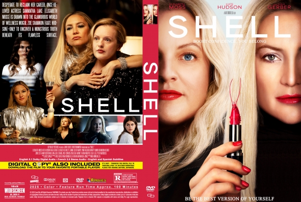 Front/back DVD cover for the film SHELL: close-ups of two blonde women, one holding a red lipstick, large SHELL title and pink spine; collage on the back with smaller stills.