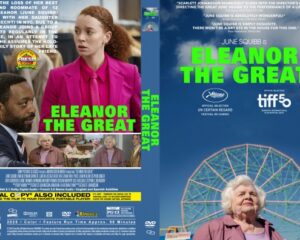 Dual DVD cover: front features a woman in a bright pink suit beside a man, bold green text 'ELEANOR THE GREAT' and cast/credits. Back shows a smiling woman in front of a large Ferris wheel and additional film text.