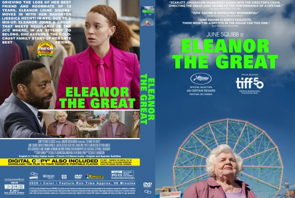 Dual DVD cover: front features a woman in a bright pink suit beside a man, bold green text 'ELEANOR THE GREAT' and cast/credits. Back shows a smiling woman in front of a large Ferris wheel and additional film text.