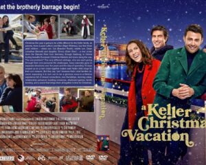 Front cover of a Keller Christmas Vacation DVD: a smiling couple in bright coats on a snowy pier with festive lights in the background; starry sky above and a cityscape.