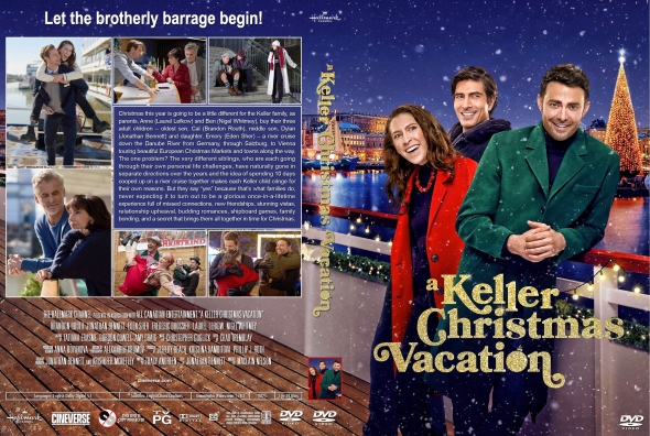 Front cover of a Keller Christmas Vacation DVD: a smiling couple in bright coats on a snowy pier with festive lights in the background; starry sky above and a cityscape.