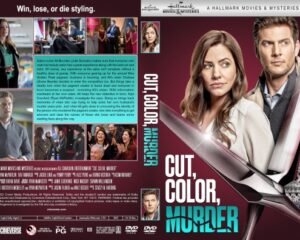 Front cover of a Hallmark mystery DVD titled 'Cut, Color, Murder' showing a smiling woman and man against a pink/metallic backdrop; bold vertical title and logo at top-right/right edge.