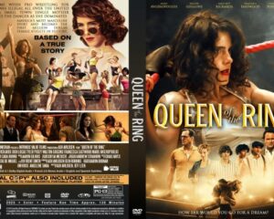 Front cover of the DVD Queen of the Ring: a wounded woman holding a red baton with the cast in the background.