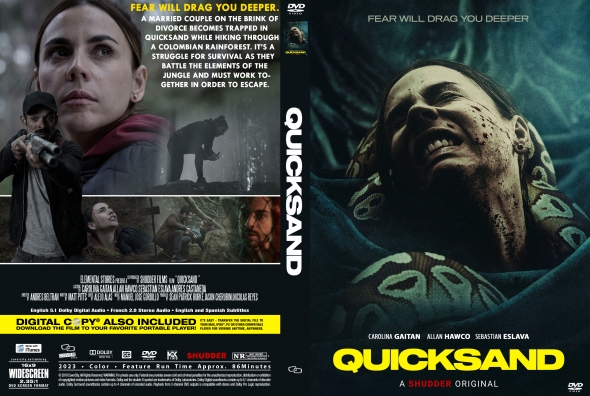 DVD cover for Quicksand: left panel collage of characters with a synopsis, right panel a distressed woman against a dark backdrop with the bold yellow title QUICKSAND.