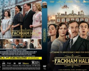 Fackham Hall movie poster with an ensemble cast in period attire, a grand estate in the background, and the title centered at the bottom.