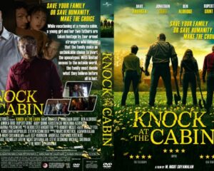 Movie poster for Knock at the Cabin: four figures stand in a sunlit field with a dramatic sky, title at the bottom center.