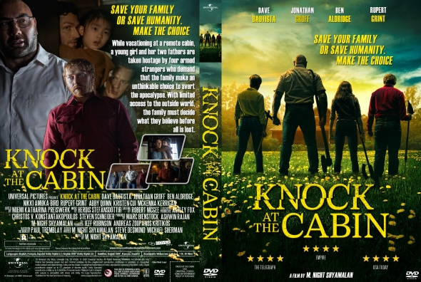 Movie poster for Knock at the Cabin: four figures stand in a sunlit field with a dramatic sky, title at the bottom center.