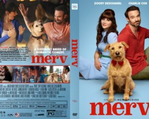 Two-sided DVD cover for the film Merv: front shows a golden dog with a smiling couple on a blue background; back features a collage of scenes and the overview text.