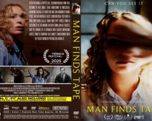 Movie poster for Man Finds Tape, showing a frightened girl on the left and a blurred blonde woman on the right, with the vertical title along the spine.