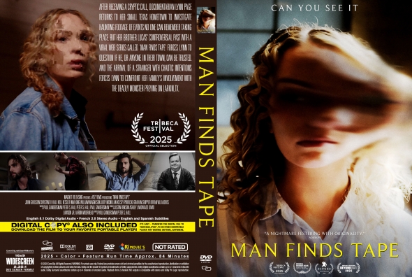 Movie poster for Man Finds Tape, showing a frightened girl on the left and a blurred blonde woman on the right, with the vertical title along the spine.