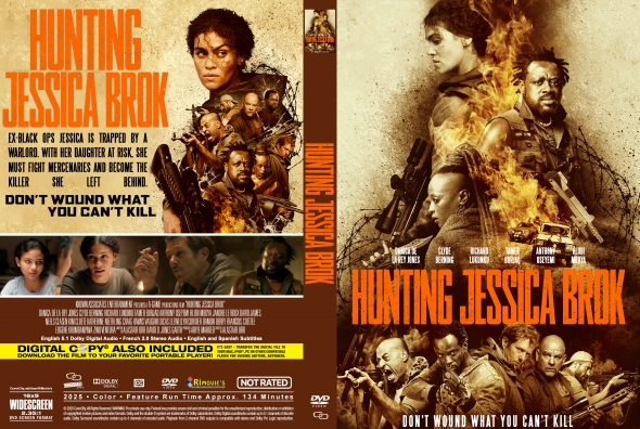 DVD cover for 'Hunting Jessica Brock' with a collage of armed characters, flames, and the orange title on the front; tagline reads 'Don't wound what you can't kill'.