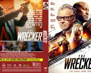 Dual-panel DVD cover for the action thriller 'The Wrecker': left panel shows a man aiming a pistol in a red-toned scene, right panel features a collage of actors with the title 'The Wrecker' and the subtitle 'The Road Ends Here'