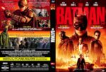 DVD cover for The Batman: bold red title on a fiery cityscape, with Batman front and center and supporting characters around him.