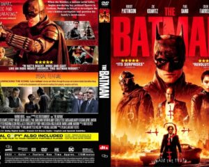DVD cover for The Batman: bold red title on a fiery cityscape, with Batman front and center and supporting characters around him.